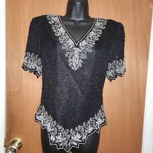 Vintage Black and Silver Beaded Women's Top